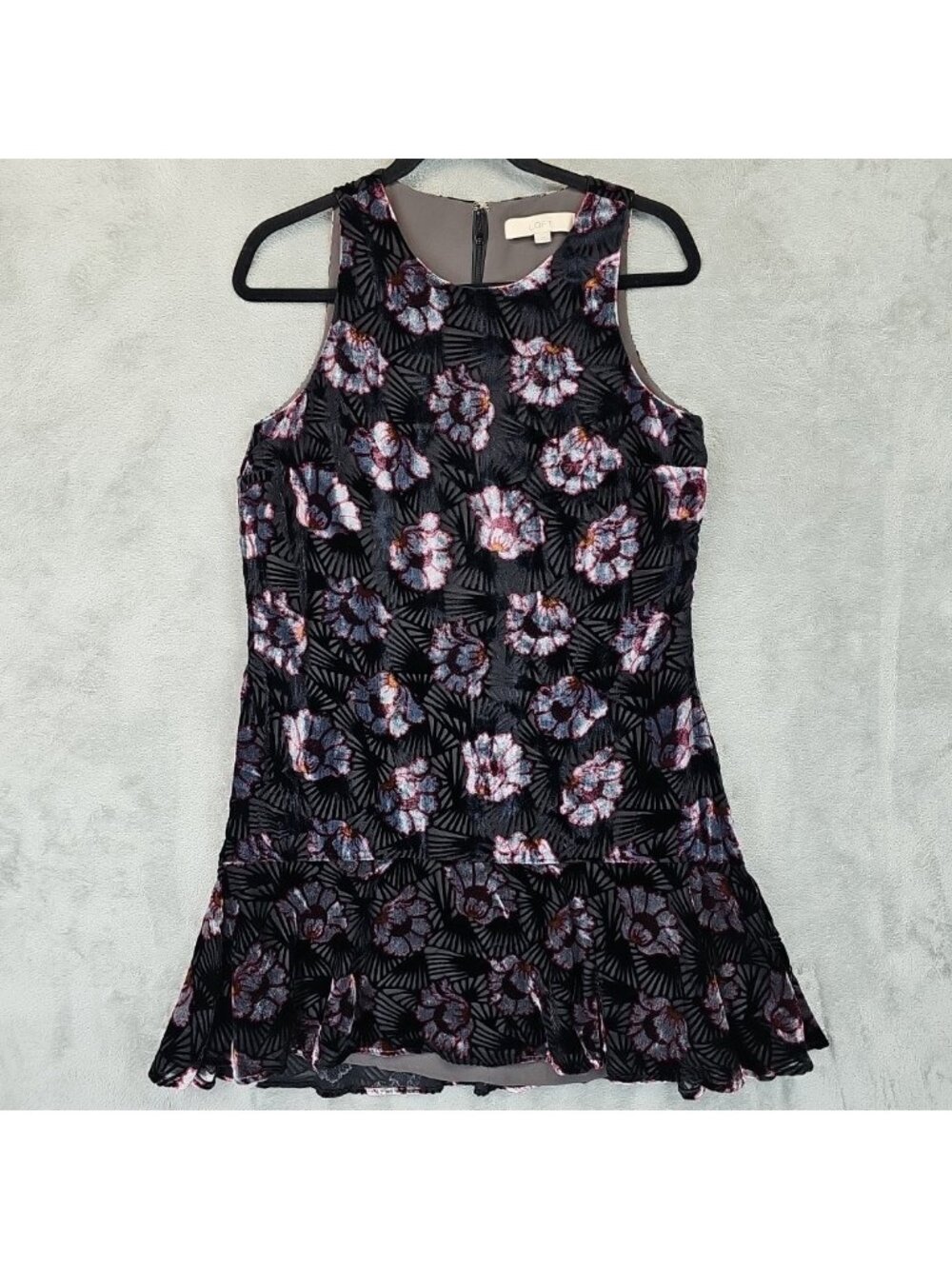 LOFT Dress Womens S Black Floral Velvet Sleeveless Ruffle Hem Shift Mini Party